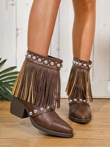 Botas cortas con tacón grueso, estilo retro occidental, con remaches, tachuelas y flecos decorativos, para mujer, nuevas para otoño/invierno 2025. Moda versátil de estilo callejero, adecuadas para fiestas, reuniones, elegantes botas negras.