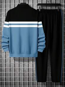 Men's Fashion Colorblock Striped Patchwork Half-Zip Sweatshirt And Pants Set, Fall Clothes - 彩色 - 查看 2