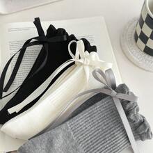 1 双女士秋冬新款蝴蝶结芭蕾袜，纯色蕾丝边甜美中筒袜，百搭日常穿着 - 彩色 - 查看 8