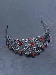 1 Stück rote Kristall schwarze Metallkrone, Vintage Gothic Stil Dornenmuster, einzigartiges Gothic Dekor Accessoire für formelle Anlässe