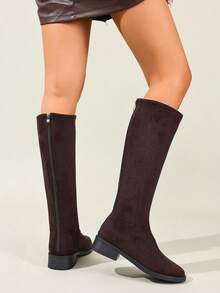 Fall/Winter Women's Fashion Brown Suede Low Heel Knee-High Boots, Minimalist Back Zipper Slimming Riding Boots, Suitable For Holiday, Office, Commute, Business,Party - Brown - View 6