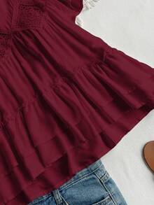 Rusttydustty 女士白色V领短袖叠层下摆衬衫，波西米亚风格，适合海滩、夏威夷音乐节和热带度假等夏季穿着 - 酒紅色 - 查看 7