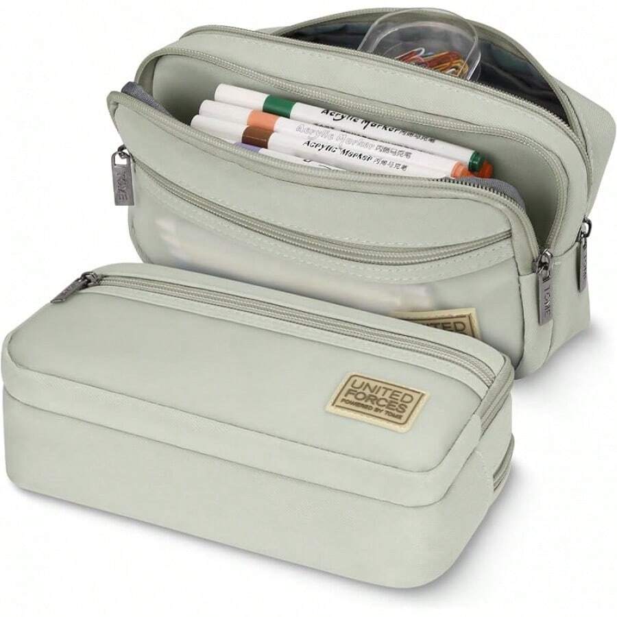 Estuche para Lápices de Gran Capacidad para Usoúltiple,Estuche para Lápices con 3 Compartimientos Tela Oxford Organizador de Papelería para el Trabajo de Oficina Escolar Negro Verde Gris - Verde - Ver 1