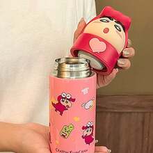 蜡笔小新人物不锈钢真空吸管杯，官方授权双层隔热杯，适用于冷热饮品，可爱卡通旅行杯，适合儿童粉丝的礼物（卡哇伊风格鳄鱼形杯） - 玫紅色 - 查看 6