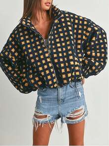 Sherpa Checkered Jacket For Women Plaid Zip Up Fleece Jacket With Pockets Winter Fall Fuzzy Cropped Coats - Navy Blue - View 1