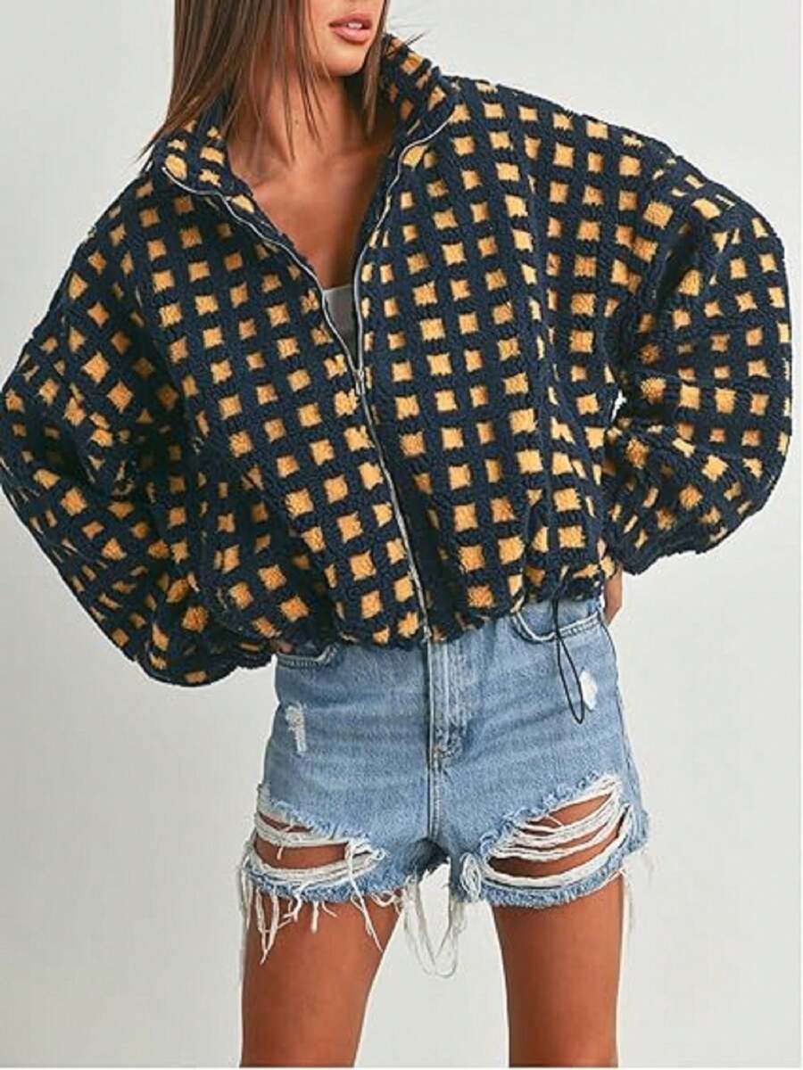 Sherpa Checkered Jacket For Women Plaid Zip Up Fleece Jacket With Pockets Winter Fall Fuzzy Cropped Coats - Navy Blue - View 1