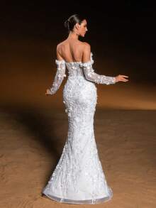 Faeriesty Haute Glamour Exquisite Off-Shoulder Sparkly Beaded Evening Gown With 3D Floral Embroidery, Sheer Sleeves & Mermaid Hem & Floor-Length For Weddings, Proms, Galas & High-End Gatherings For Women