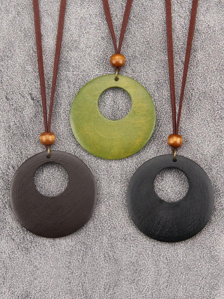 1 pieza Collar colgante de madera redondo hueco de estilo bohemio vintage, elegante collar para hombres y mujeres, cordón de terciopelo marrón con cuentas, regalo para madre, novia, novio, festividades