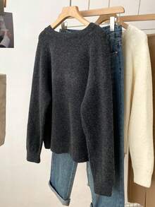 Vintage Heart Button Solid Color Wool Blend Oversized Crew Neck Cardigan, Minimalist & Versatile For Autumn/Winter - Dark Grey - View 2