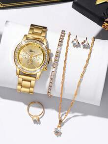 6 PIEZAS Reloj de cuarzo elegante y sencillo para mujer con esfera redonda con números arábigos, incrustaciones de rhinestone, correa de aleación, con anillos, pulseras, collares y aretes de botón, es el mejor regalo para niñas, adecuado para cumpleaños, festivales y regalos de pareja, caja de regalo no incluida