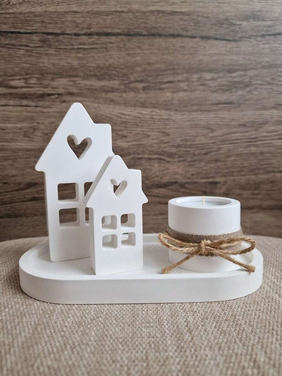 4 PCS/Set - Oval Tray Mold + Chimney Heart House Mold (Large & Small) + Small Cylinder Candlestick Mold, DIY Creative Home Decor Plaster Silicone Molds Set, Epoxy Resin Casting Mould For Handicrafts - White - View 1