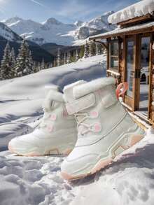 Girls' Winter Snow Boots, Solid Color PU Upper, Thermal Lining Warm, Mid-Calf, Outdoor Casual Boots, Snowflake Pattern Hook And Loop, TPR Wear-Resistant Anti-Slip - White - View 3