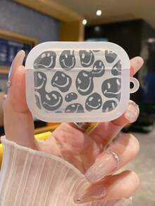 1 pieza Funda de auricular con impresión UV de cara sonriente gris gruesa, compatible con auriculares Bluetooth de Apple, cubierta transparente clara