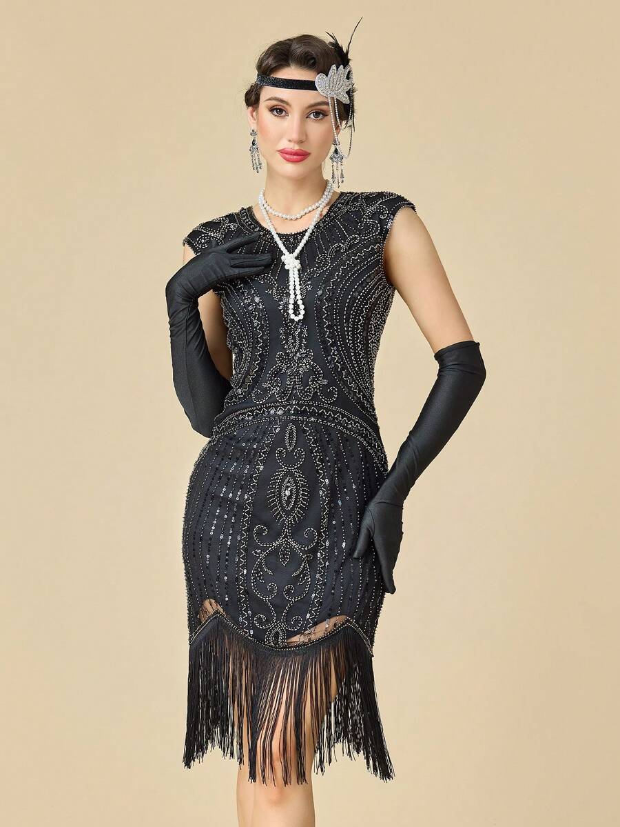 Váy đầm Flapper thập niên 1920 dành cho nữ, váy cocktail tua rua sequin Great Gatsby thập niên 20 - Bạc - Xem 1