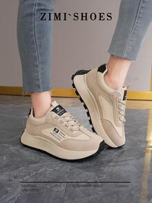 1 par de zapatillas casuales para mujer, con punta redonda, cordones y suela de cuero, adecuadas para todas las estaciones