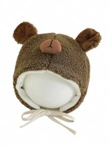 1 件装婴儿羊羔绒护耳帽，可爱熊图案保暖帽，适合男婴和女婴，幼儿秋冬日常穿着