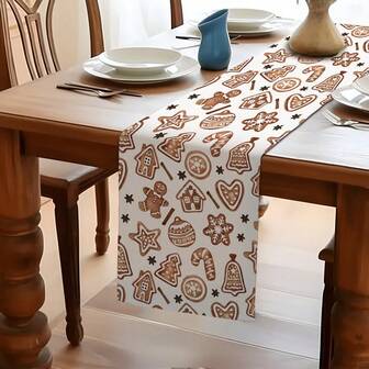 MEMNUN 1pc Merry Christmas Gingerbread Man, Gingerbread House, Candy Cane, Christmas Tree, Star, Bell, Snowflake, Heart Print Decorative Table Runner, Tablecloth, Christmas Decor, Table Decor, Home Decor, Kitchen Decor, Table Cloth Rectangle, Suitable For Kitchen, Dining Table, Home Party Decoration, Gift