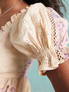 Women Y2k Puff Sleeve Babydoll Dresses Boho Floral Print V Neck Bow Tie Front Mini Dress Summer Flowy Patchwork Babydoll Sundress - 紫色 - 查看 4
