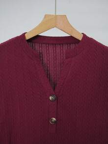 Plus Size Women V-Neck Button Casual Long Sleeve Pullover Top Spring - Wine Red - View 3