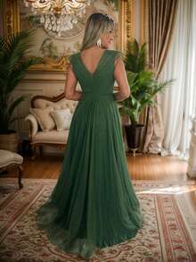 Grife Velasco Bridesmaid Dress Long Party Graduation Ruffle Shiny Elegant Sleeves - Olive Green - View 4