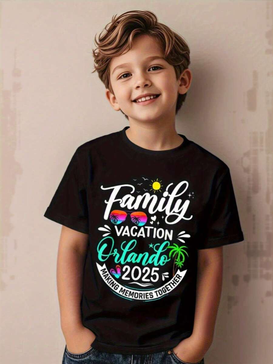 Kids' 2025 Orlando Beach Vacation T-Shirt - Family Memories Graphic Tee With Palm Trees & Rainbow Design, Black Casual Short Sleeve Shirt For Summer Travel, Machine Washable, Beach Clothes, Travel Kids Clothing, Playful Kids Print, Digital Print Quality, Tropical Design, Durable Fabric, Toddler Clothing - Black - View 1