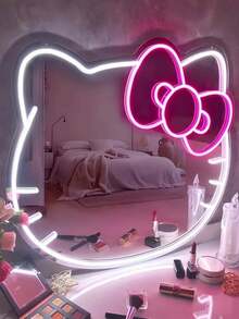 1 szt. Owalne lustro z neonowym oświetleniem LED Hello Kitty z kreskówkową grafiką, lustro ścienne z plastikową ramą zasilane przez USB, ściemnialne oświetlenie dekoracyjne do sypialni, gabinetu, salonu, pokoju dziecięcego, przedpokoju - urocze, kompaktowe lustro toaletkowe z neonowym oświetleniem Hello Kitty zasilane przez USB, montowane na ścianie, z regulowanym oświetleniem