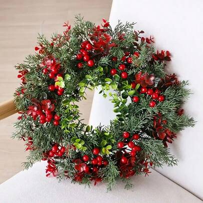 1pc 40cm Christmas Wreath With Red Berries - Artificial Eucalyptus Leaves Door Hanging, Suitable For Indoor And Outdoor Holiday Decorations, Front Door Garland, Home Wall Decoration Home Decor Christmas Decorations Room Decor