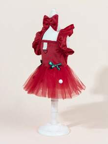 1 套带蝴蝶结的宠物薄纱连衣裙，可爱时尚印花连衣裙 + 蝴蝶结宠物服装，弹力网眼公主宠物连衣裙，适合狗和猫 - 彩色 - 查看 4