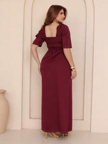 Women's Long Dress With Half Sleeves And Simple Print With Exposed Seams, Super High Fashion Winter, Árbora Eminence. - 酒紅色 - 查看 5