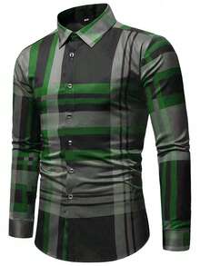 男士经典时尚设计灰棕色长袖单排扣领衬衫，带有网格条纹图案细节，适合春季、夏季、秋季，成熟风格适合办公室、商务、休闲和正式场合，随机印花设计使每件衬衫都独一无二。 - 綠色 - 查看 4