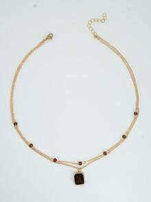 1 件复古方形棕色方晶锆石吊坠配双层水晶珠项链，女士日常、节日、派对配饰 - 金黃色 - 查看 5