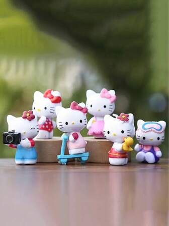  6pcs Sanrio Hello Kitty Summer Outing Series Figurines, PVC Material, Unique Hello Kitty Appearance, Car Decor, Cake Decor, Ideal Gift For Halloween, Christmas, Collection, Car/Room Decor, Birthday