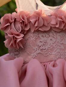 女婴3D花朵蝴蝶结薄纱公主派对礼服，适合一周岁生日、派对、婚礼、正式场合 - 粉色 - 查看 6