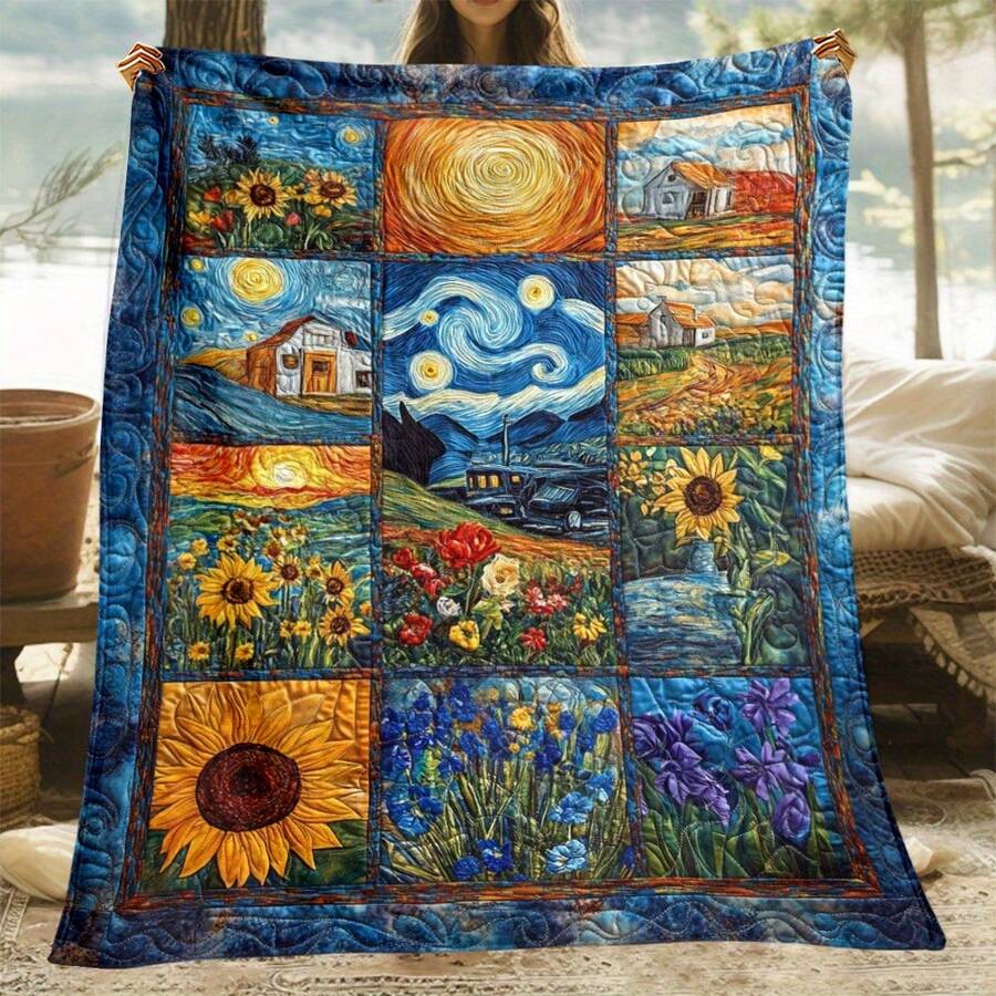 Van Gogh Starry Night & Sunflowers Flannel Throw Blanket - Soft, Warm, All-Season Couch & Bed Comfort For Home, Travel, Camping - Perfect Gift For Art Lovers, Artists, History Buffs & Family - Nhiều màu - Xem 1