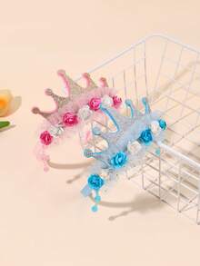 تاج من التول الوردي والأزرق 1 قطعة/2 قطعة، شريط شعر مزين بالزهور، إكسسوارات شعر أنيقة للبنات والمراهقات هدايا لحفلات عيد الميلاد