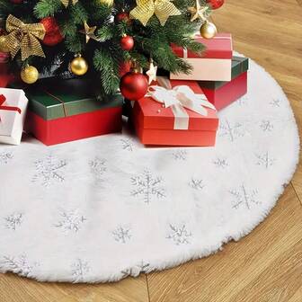 1 pieza Vestido de árbol de Navidad de peluche blanco y plateado con diseño de copos de nieve - Una decoración festiva para Halloween, San Valentín y Navidad, tela suave con diseño de copos de nieve, perfecta para decoración festiva interior, base decorativa estacional, decoración festiva elegante, base decorativa de árbol, decoración navideña exterior, decoraciones navideñas, decoración de invierno para la habitación