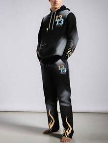 Men's Gradient Letter Print Hoodie And Drawstring Pants Set, Autumn/Winter, Fall Clothes