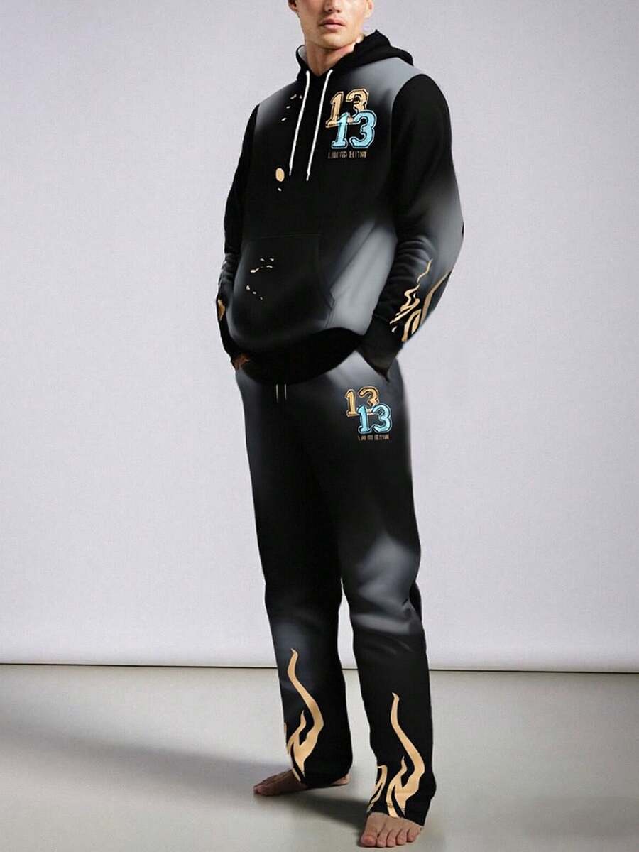 Men's Gradient Letter Print Hoodie And Drawstring Pants Set, Autumn/Winter, Fall Clothes