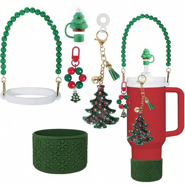 Conjunto de 7 acessórios de Natal com diamantes, incluindo 1 capa de silicone para canudo de 0,4 pol., 1 alça para garrafa de água, 2 lindos pingentes de Natal e 1 capa de silicone para copos de 40 oz e 30 oz.