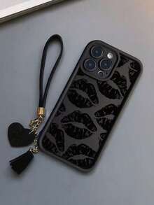1pc Minimalist Fashion Full-Screen Lip Print High-End Textured Thick Anti-Drop Phone Case, Includes New Leather Heart-Shaped Wrist Strap DIY Phone Case Accessory, Tassel Pendant, Short Wristband Charm, Suitable For IPhone Series