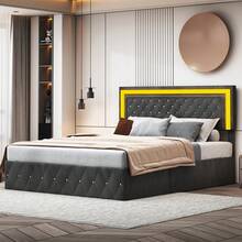 Letto contenitore 160*200cm con box letto, letto imbottito idraulico con illuminazione a LED, struttura letto matrimoniale con testiera regolabile in altezza e rete a doghe, letto boxspring, letto per ragazzi, tessuto in velluto delicato sulla pelle, (Beige/Nero)