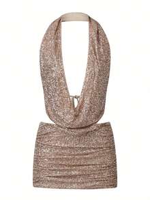 Conjunto de dos piezas para mujer: falda de lentejuelas, top corto sin mangas con cuello halter y drapeado frontal, minifalda ajustada brillante, ideal para salir de fiesta o para eventos nocturnos. - Dorado - Ver 6