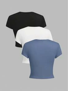 3pcs Women Elegant Short Sleeve Crew Neck Form-Fitting T-Shirt Top, Basic Style For Spring & Summer - Multicolor - View 3