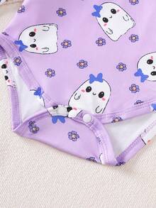 3pcs/Set Baby Girls' Halloween Ghost Print Purple Romper And Cute Ghost Face Embroidered Suspender Skirt Set, Essential Halloween Outfit - Purple - View 10
