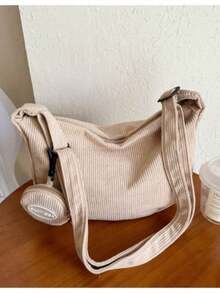 Stylish Corduroy Crossbody Bag With Adjustable Strap And Coin Purse [7008] - Màu Khaki - Xem 1