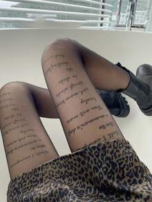 1pc Women's New Style English Letter Print Thin Black Pantyhose, Black Clubwear Stockings, Cozy - Black - View 8