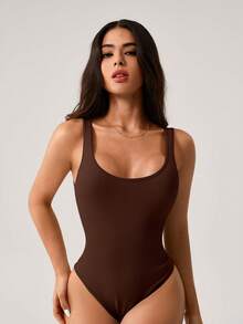 NcmRyu Women's Solid Color Seamless Ribbed Romper - Sleeveless, Comfortable Breathable Slim-Fit Jumpsuit For Yoga, Workout, Exercise & Casual Wear - 棕色 - 查看 2