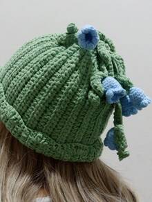 Lily Of The Valley Crochet Bell Orchid Designed Adult Cap, Hand Woven Warm Winter Urine Cap With Blue Flower Decoration, Women's Soft And Warm, Fashionable Knitted Cap