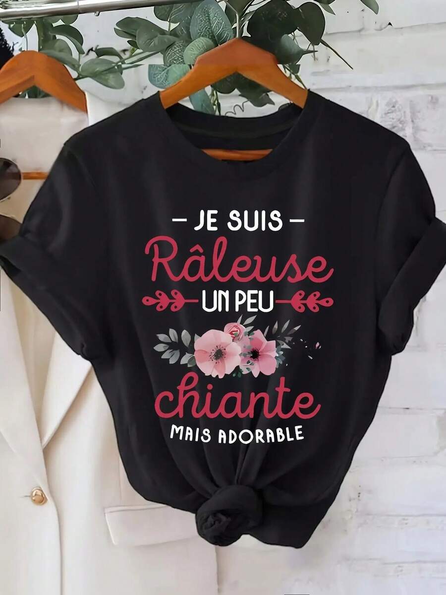 Camiseta informal estampada para mujer, tallas grandes, manga corta, cuello redondo, corte holgado, tejido lavable a máquina, material moderadamente elástico. - Negro - Ver 1