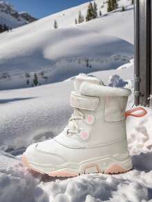 Girls' Winter Snow Boots, Solid Color PU Upper, Thermal Lining Warm, Mid-Calf, Outdoor Casual Boots, Snowflake Pattern Hook And Loop, TPR Wear-Resistant Anti-Slip - White - View 5